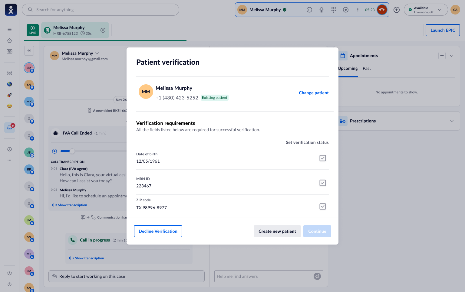 Patient verification modal listing date of birth, MRN ID, and ZIP code, none yet checked, Continue disabled
